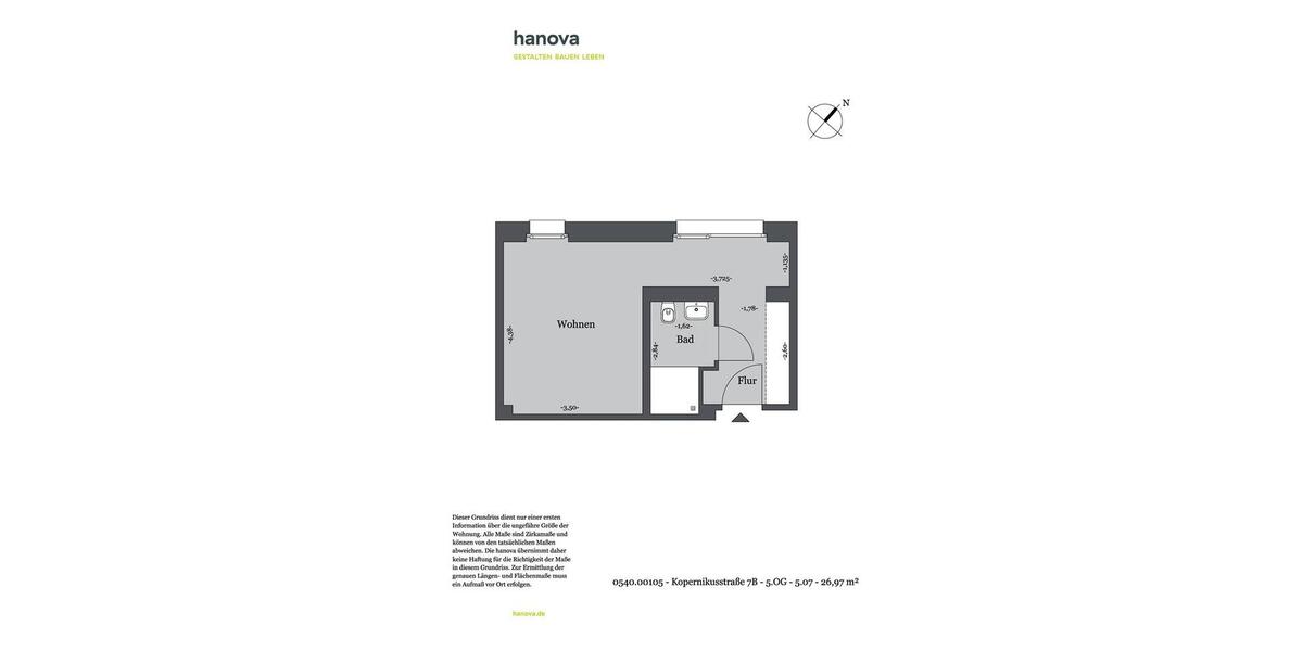 Etagenwohnung Hannover Nord - 1 Zimmer, 27 m&sup2;, 361&euro; | Angebot:26662384