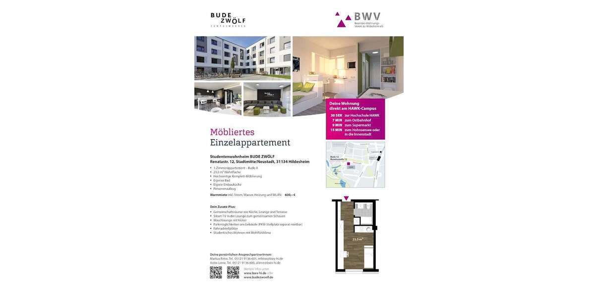 Etagenwohnung Hildesheim - 1 Zimmer, 23 m&sup2;, 600&euro; | Angebot:26284627