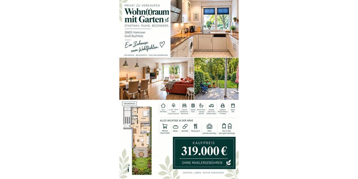 Erdgeschoßwohnung Hannover Buchholz-Kleefeld - 2 Zimmer, 65 m&sup2;, 319.000&euro; | Angebot:27534569