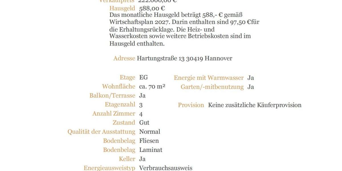 Etagenwohnung Hannover Herrenhausen-Stöcken - 4 Zimmer, 71 m&sup2;, 222.000&euro; | Angebot:27622248
