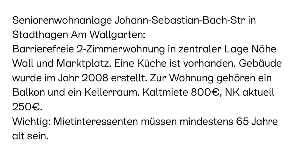 Seniorenwohnanlage 2.ZKB 62qm Stadthagen 2 zimmer