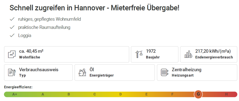 Hochparterre Hannover Ahlem-Badenstedt-Davenstedt - 1.5 Zimmer, 39 m&sup2;, 89.000&euro; | Angebot:22552813