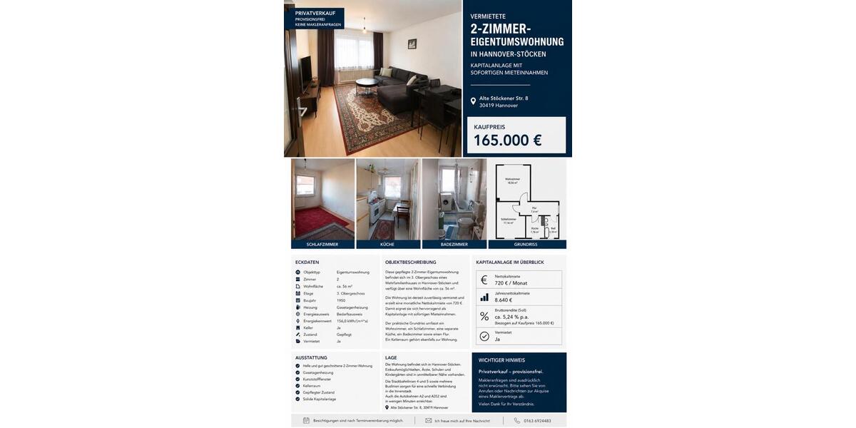 Etagenwohnung Hannover Herrenhausen-Stöcken - 2 Zimmer, 56 m&sup2;, 165.000&euro; | Angebot:27121274