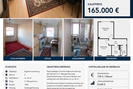 Wohnung Hannover Herrenhausen-Stöcken - 2 Zimmer, 56 m&sup2;, 165.000&euro; | Angebot:27121274